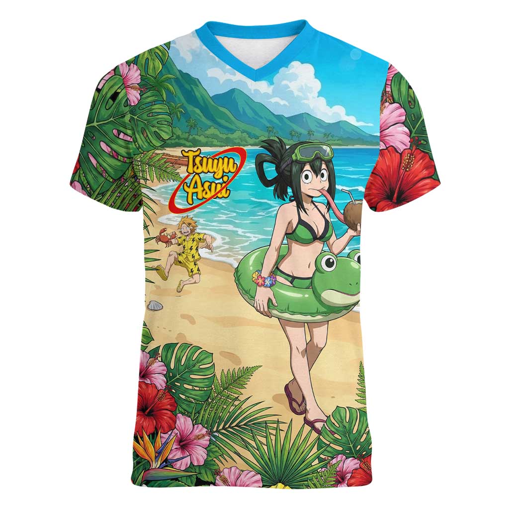 Tsuyu Asui Summer Chill Women V-Neck T-Shirt Tropical Anime Vacation Art