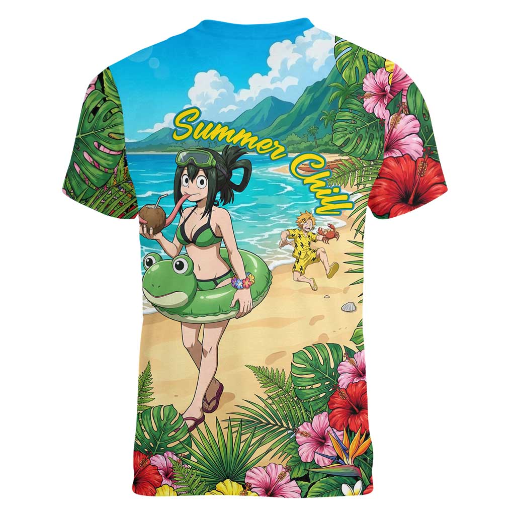 Tsuyu Asui Summer Chill Women V-Neck T-Shirt Tropical Anime Vacation Art