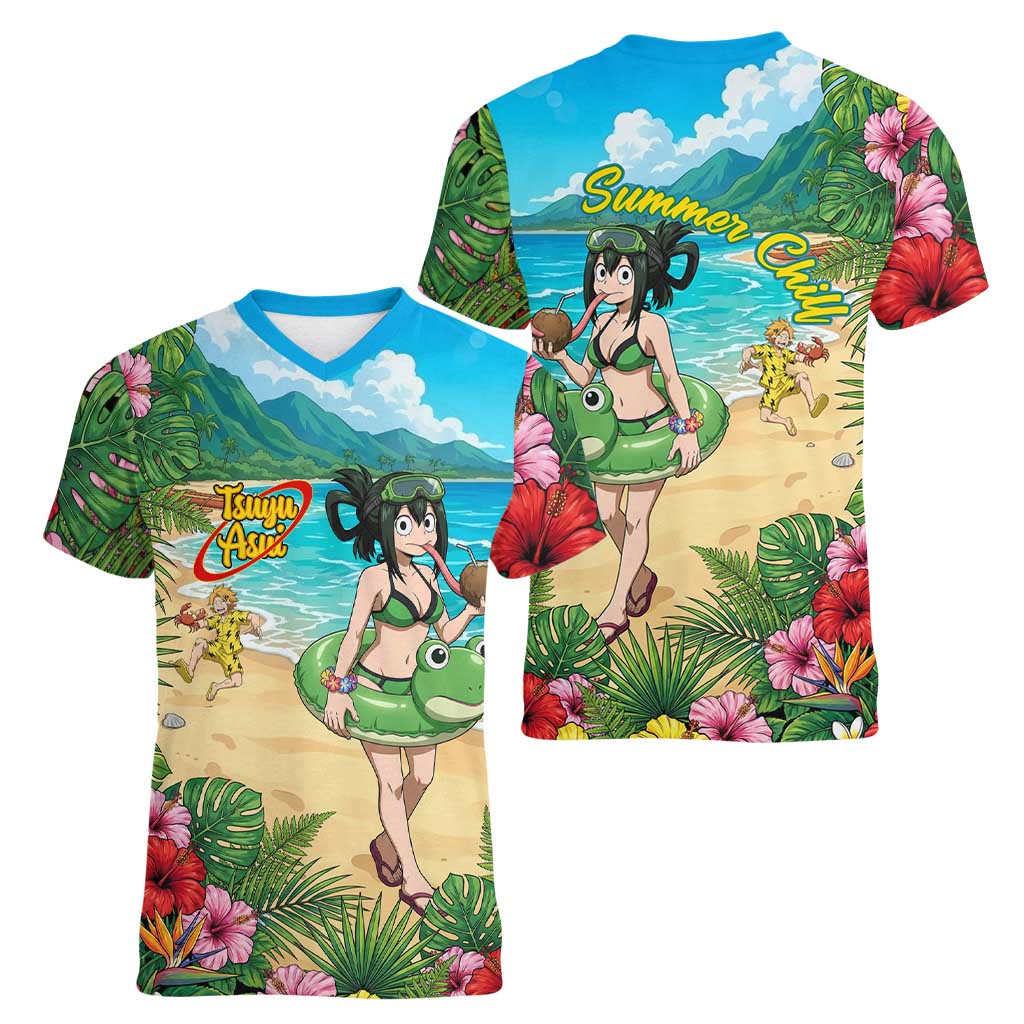 Tsuyu Asui Summer Chill Women V-Neck T-Shirt Tropical Anime Vacation Art