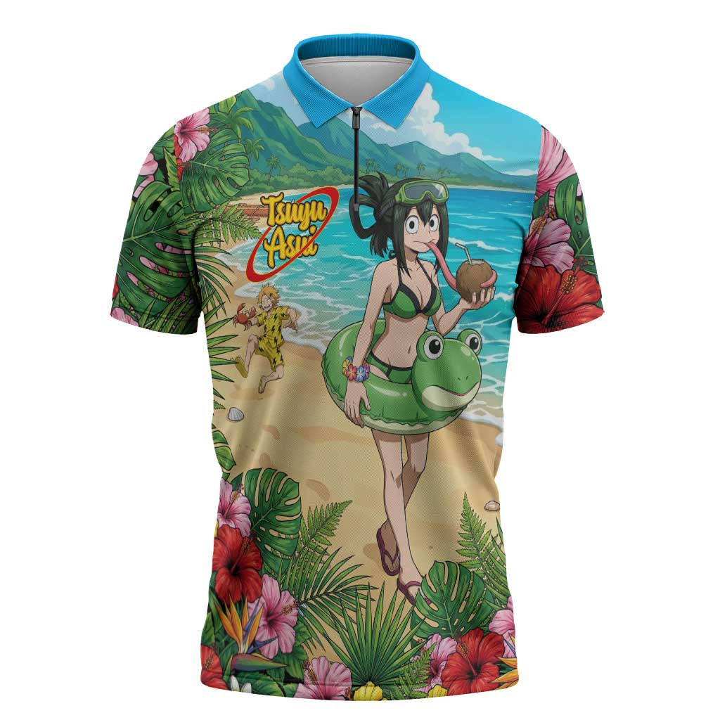 Tsuyu Asui Summer Chill Zipper Polo Shirt Tropical Anime Vacation Art