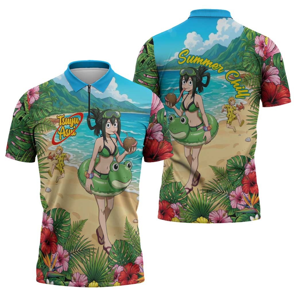 Tsuyu Asui Summer Chill Zipper Polo Shirt Tropical Anime Vacation Art