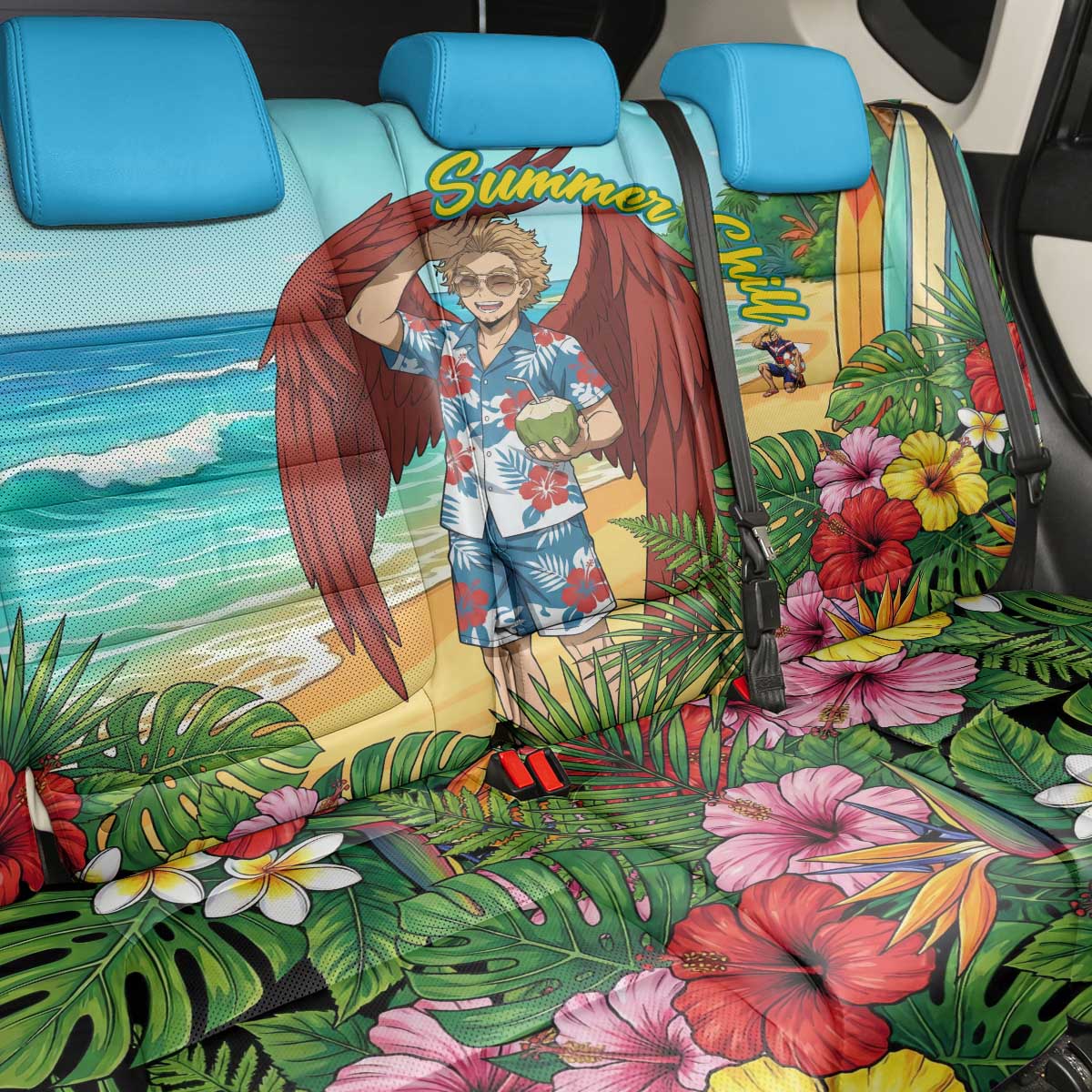 Hawks Summer Chill Back Car Seat Cover Tropical Anime Beach Vibes