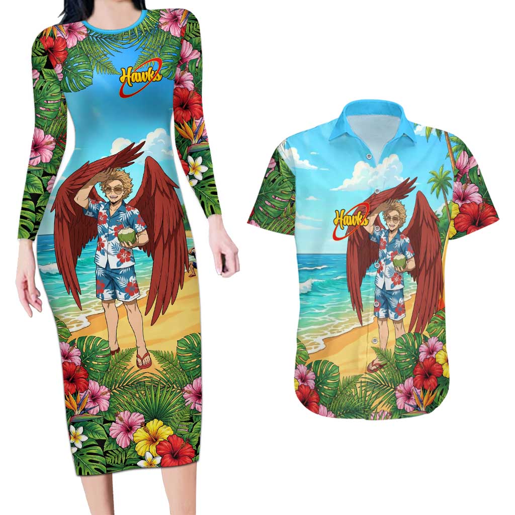 Hawks Summer Chill Couples Matching Long Sleeve Bodycon Dress and Hawaiian Shirt Tropical Anime Beach Vibes