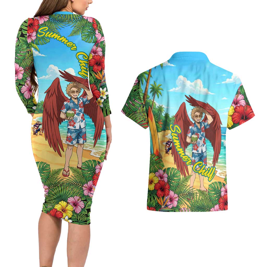 Hawks Summer Chill Couples Matching Long Sleeve Bodycon Dress and Hawaiian Shirt Tropical Anime Beach Vibes