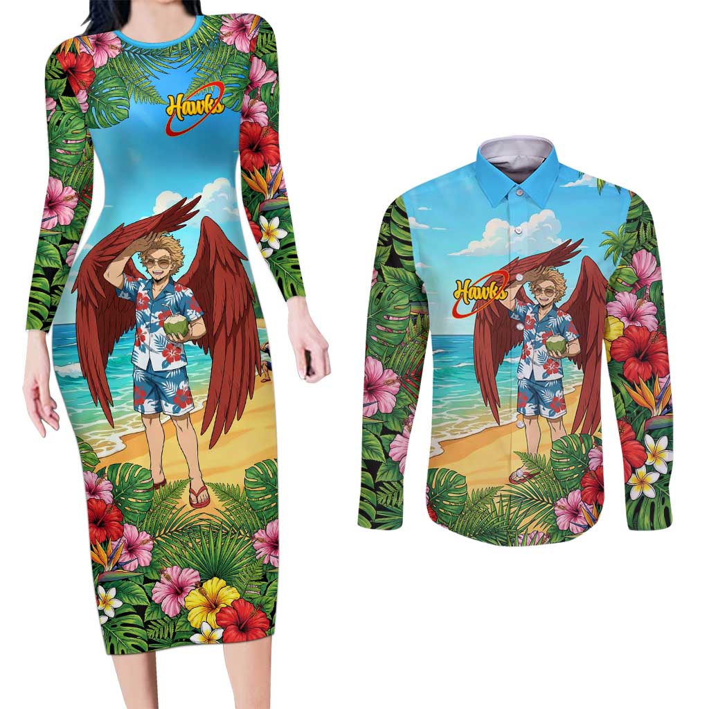 Hawks Summer Chill Couples Matching Long Sleeve Bodycon Dress and Long Sleeve Button Shirt Tropical Anime Beach Vibes