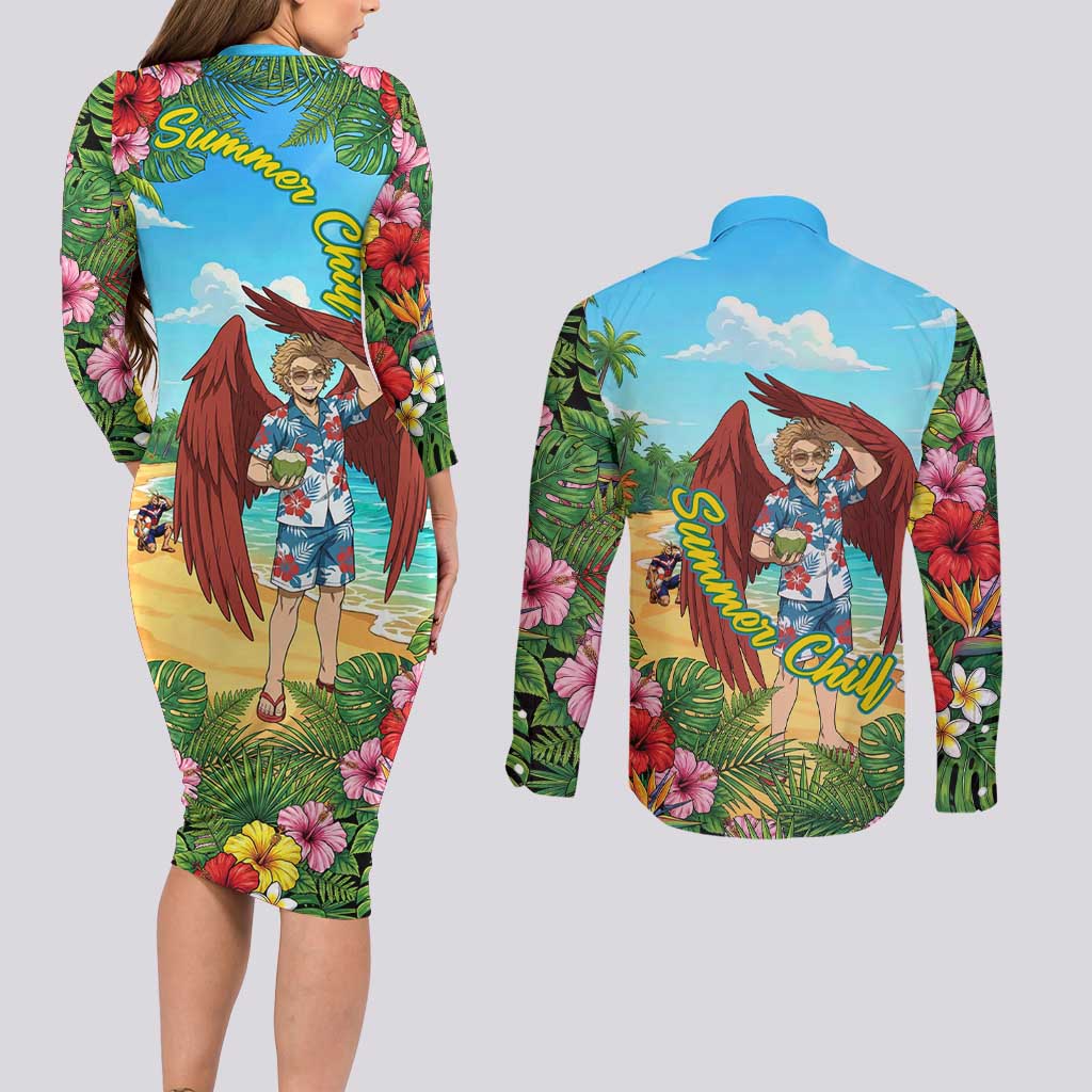 Hawks Summer Chill Couples Matching Long Sleeve Bodycon Dress and Long Sleeve Button Shirt Tropical Anime Beach Vibes