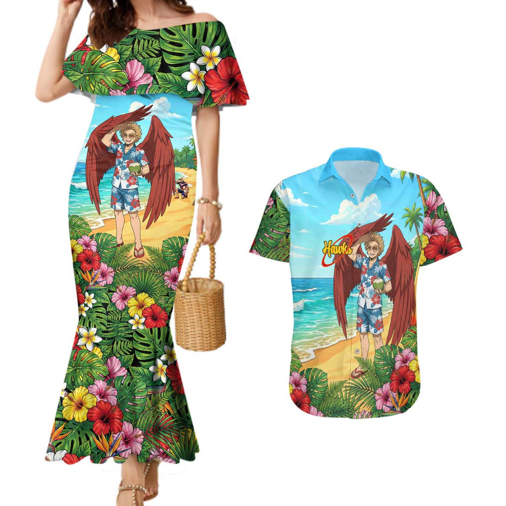 Hawks Summer Chill Couples Matching Mermaid Dress and Hawaiian Shirt Tropical Anime Beach Vibes