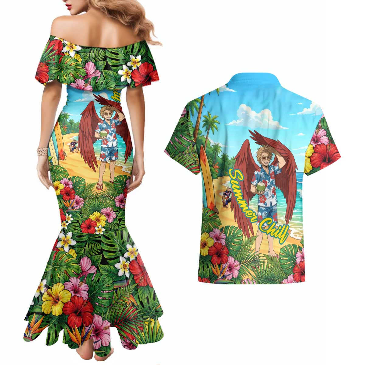 Hawks Summer Chill Couples Matching Mermaid Dress and Hawaiian Shirt Tropical Anime Beach Vibes