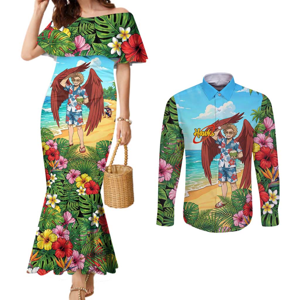 Hawks Summer Chill Couples Matching Mermaid Dress and Long Sleeve Button Shirt Tropical Anime Beach Vibes