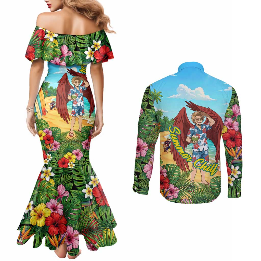 Hawks Summer Chill Couples Matching Mermaid Dress and Long Sleeve Button Shirt Tropical Anime Beach Vibes