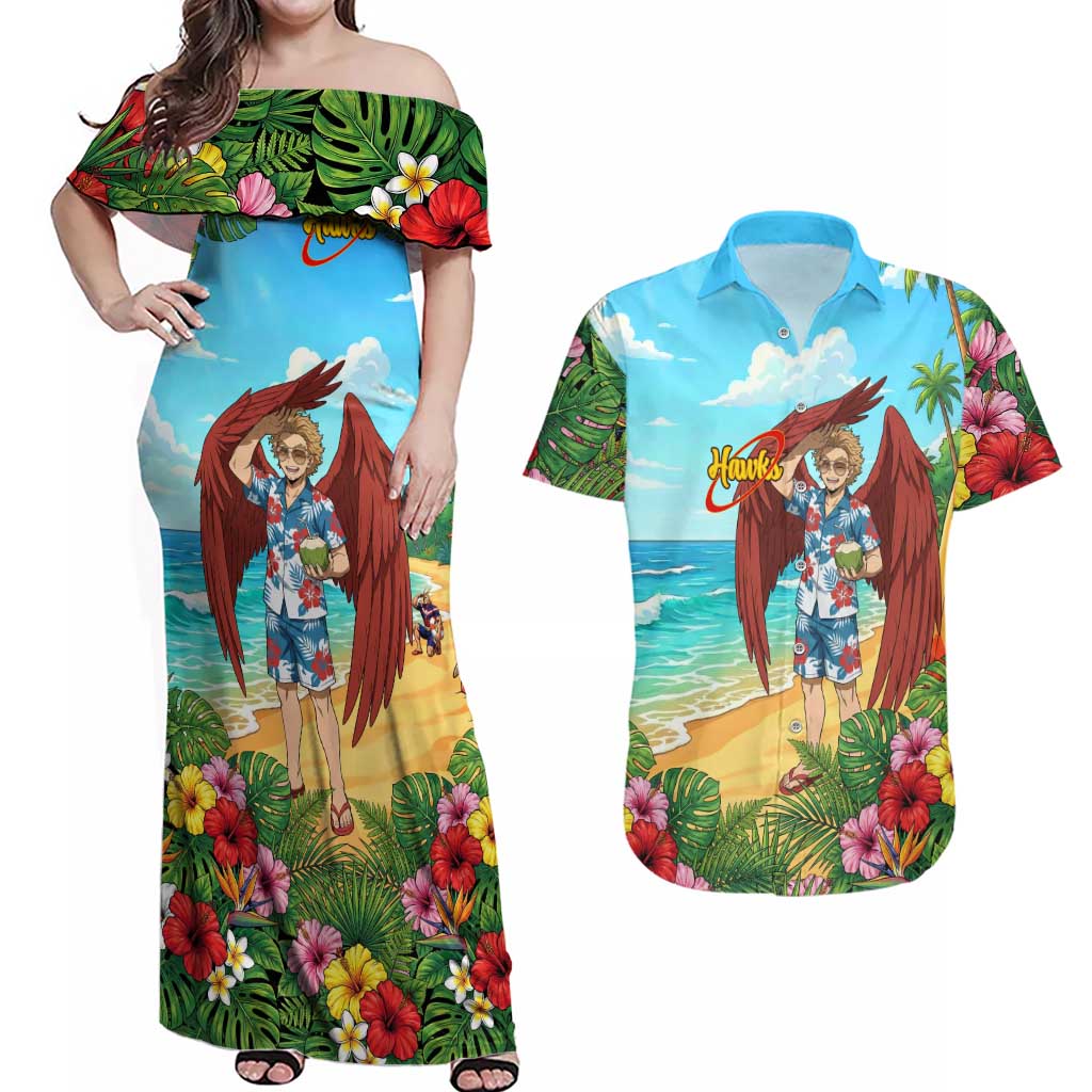 Hawks Summer Chill Couples Matching Off Shoulder Maxi Dress and Hawaiian Shirt Tropical Anime Beach Vibes