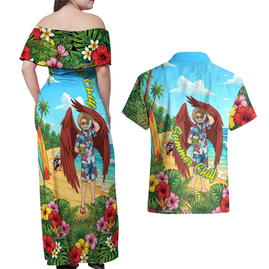 Hawks Summer Chill Couples Matching Off Shoulder Maxi Dress and Hawaiian Shirt Tropical Anime Beach Vibes