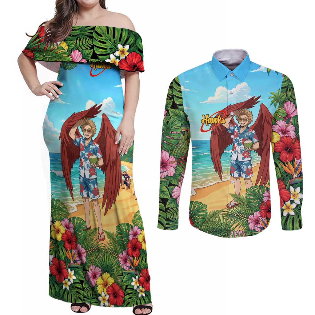 Hawks Summer Chill Couples Matching Off Shoulder Maxi Dress and Long Sleeve Button Shirt Tropical Anime Beach Vibes