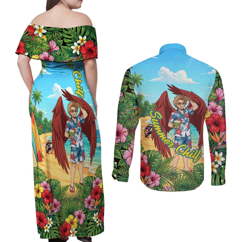 Hawks Summer Chill Couples Matching Off Shoulder Maxi Dress and Long Sleeve Button Shirt Tropical Anime Beach Vibes