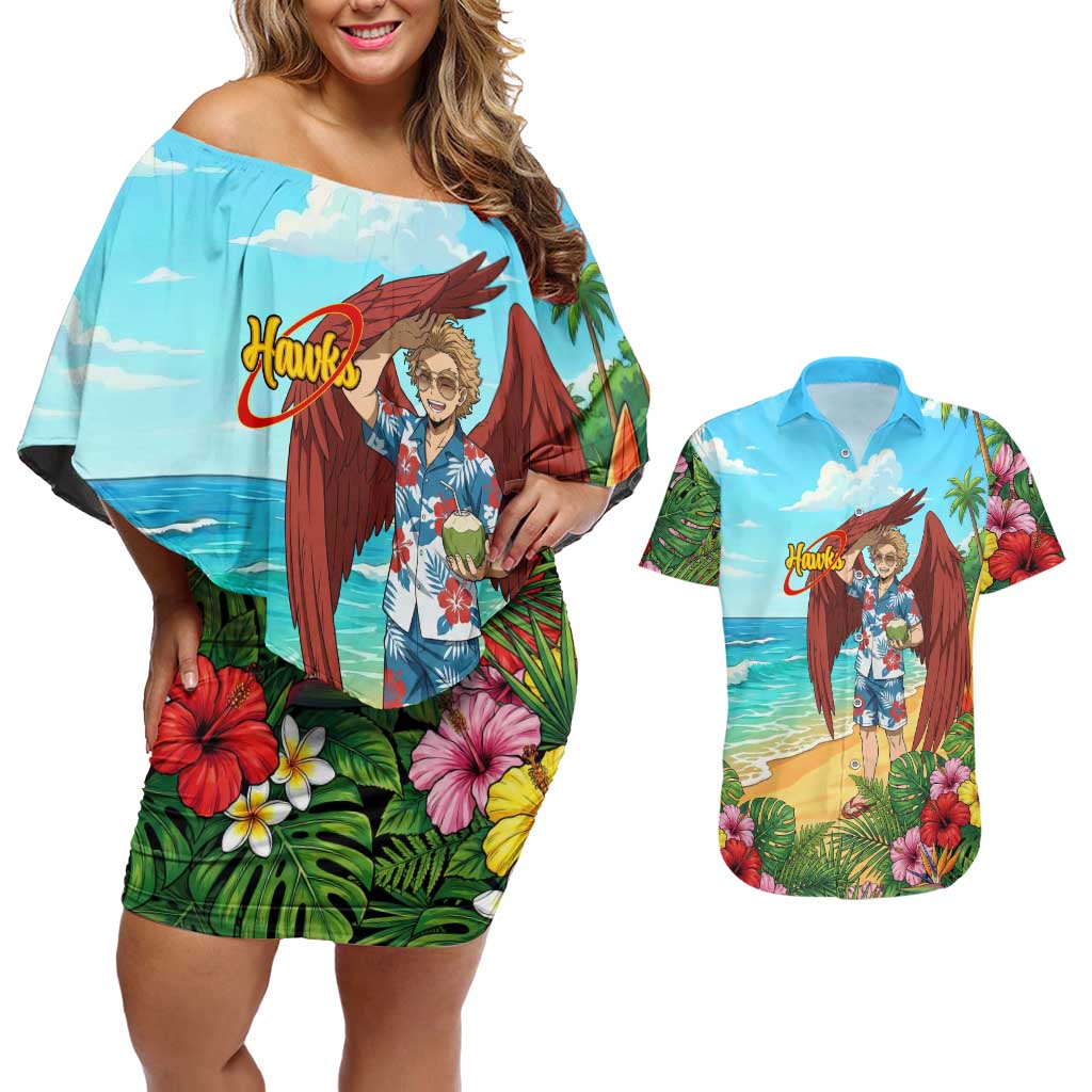 Hawks Summer Chill Couples Matching Off Shoulder Short Dress and Hawaiian Shirt Tropical Anime Beach Vibes