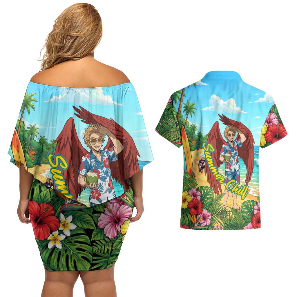 Hawks Summer Chill Couples Matching Off Shoulder Short Dress and Hawaiian Shirt Tropical Anime Beach Vibes