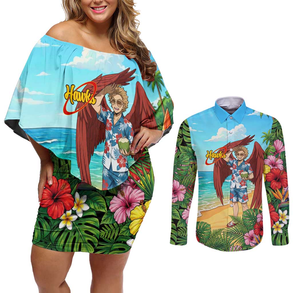 Hawks Summer Chill Couples Matching Off Shoulder Short Dress and Long Sleeve Button Shirt Tropical Anime Beach Vibes