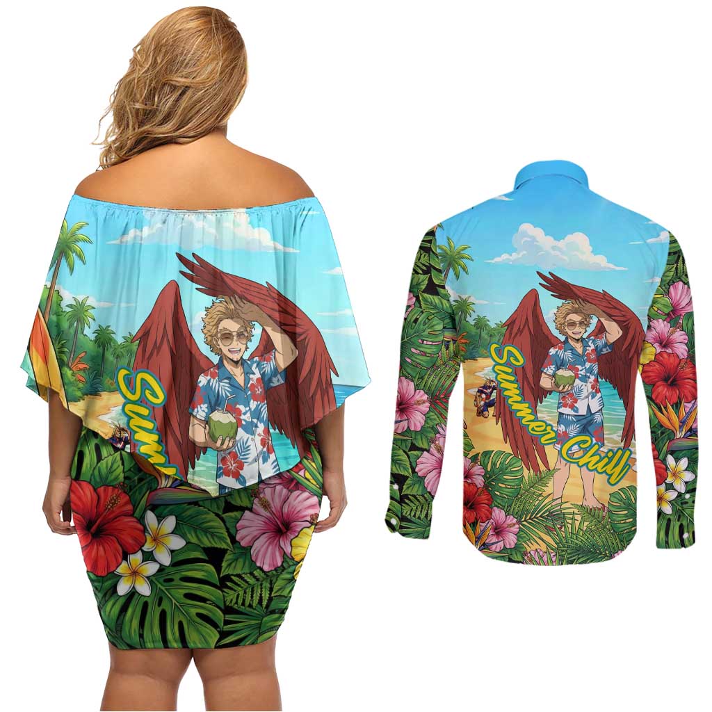 Hawks Summer Chill Couples Matching Off Shoulder Short Dress and Long Sleeve Button Shirt Tropical Anime Beach Vibes