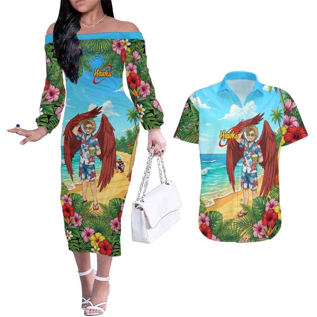 Hawks Summer Chill Couples Matching Off The Shoulder Long Sleeve Dress and Hawaiian Shirt Tropical Anime Beach Vibes