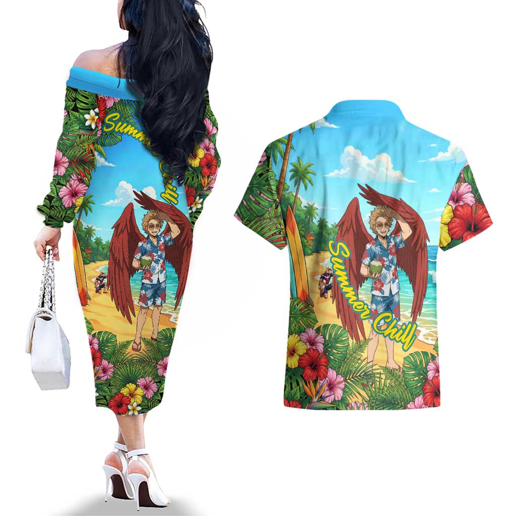 Hawks Summer Chill Couples Matching Off The Shoulder Long Sleeve Dress and Hawaiian Shirt Tropical Anime Beach Vibes