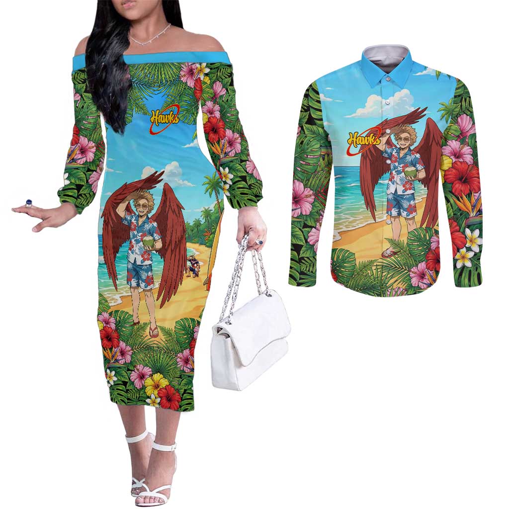 Hawks Summer Chill Couples Matching Off The Shoulder Long Sleeve Dress and Long Sleeve Button Shirt Tropical Anime Beach Vibes