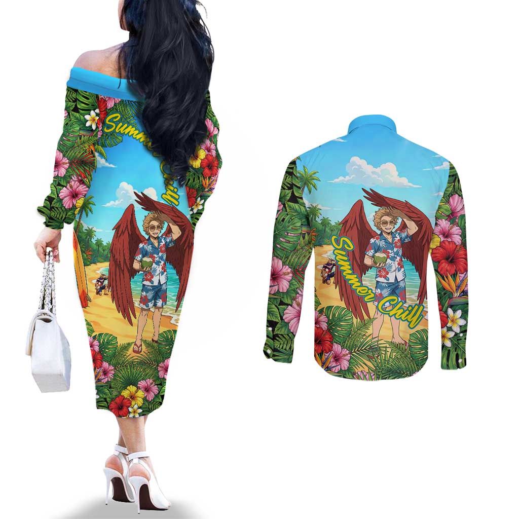 Hawks Summer Chill Couples Matching Off The Shoulder Long Sleeve Dress and Long Sleeve Button Shirt Tropical Anime Beach Vibes