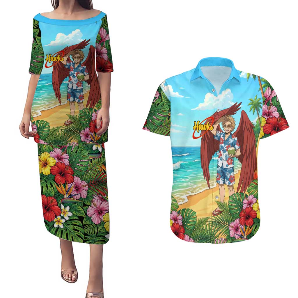 Hawks Summer Chill Couples Matching Puletasi and Hawaiian Shirt Tropical Anime Beach Vibes