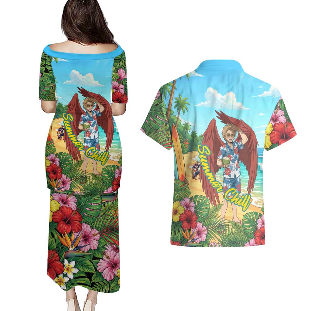 Hawks Summer Chill Couples Matching Puletasi and Hawaiian Shirt Tropical Anime Beach Vibes