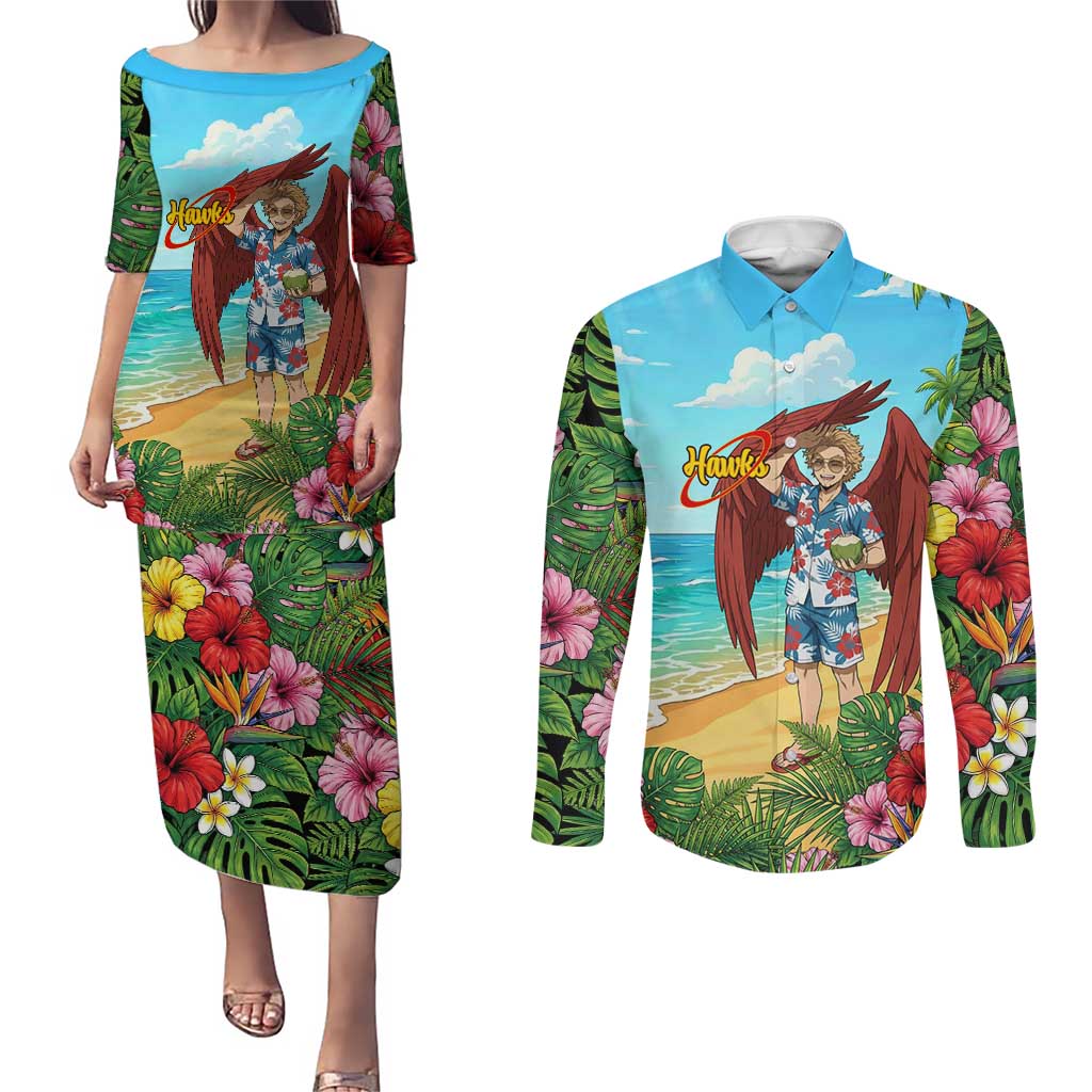 Hawks Summer Chill Couples Matching Puletasi and Long Sleeve Button Shirt Tropical Anime Beach Vibes