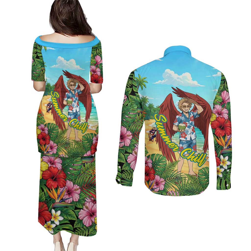 Hawks Summer Chill Couples Matching Puletasi and Long Sleeve Button Shirt Tropical Anime Beach Vibes