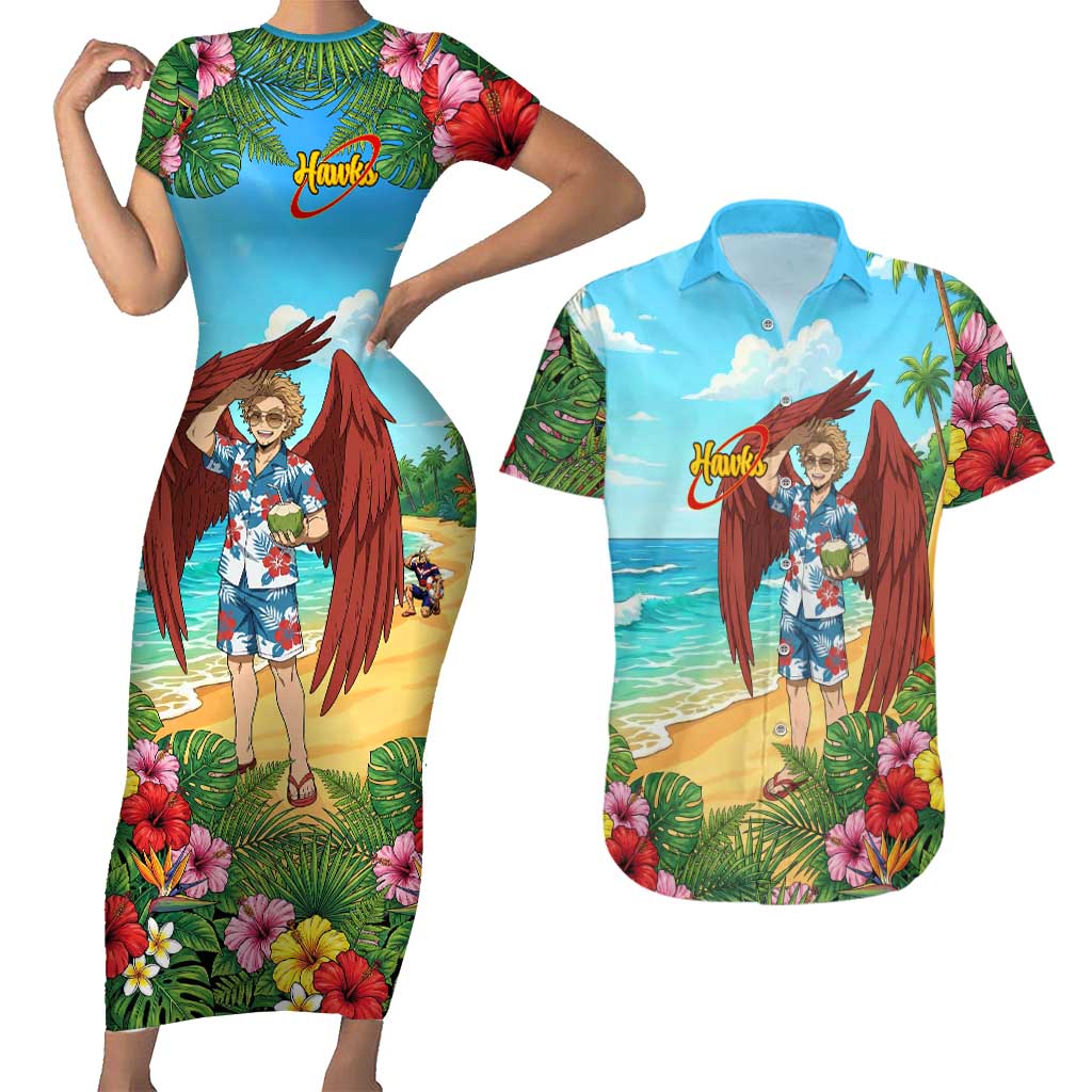 Hawks Summer Chill Couples Matching Short Sleeve Bodycon Dress and Hawaiian Shirt Tropical Anime Beach Vibes