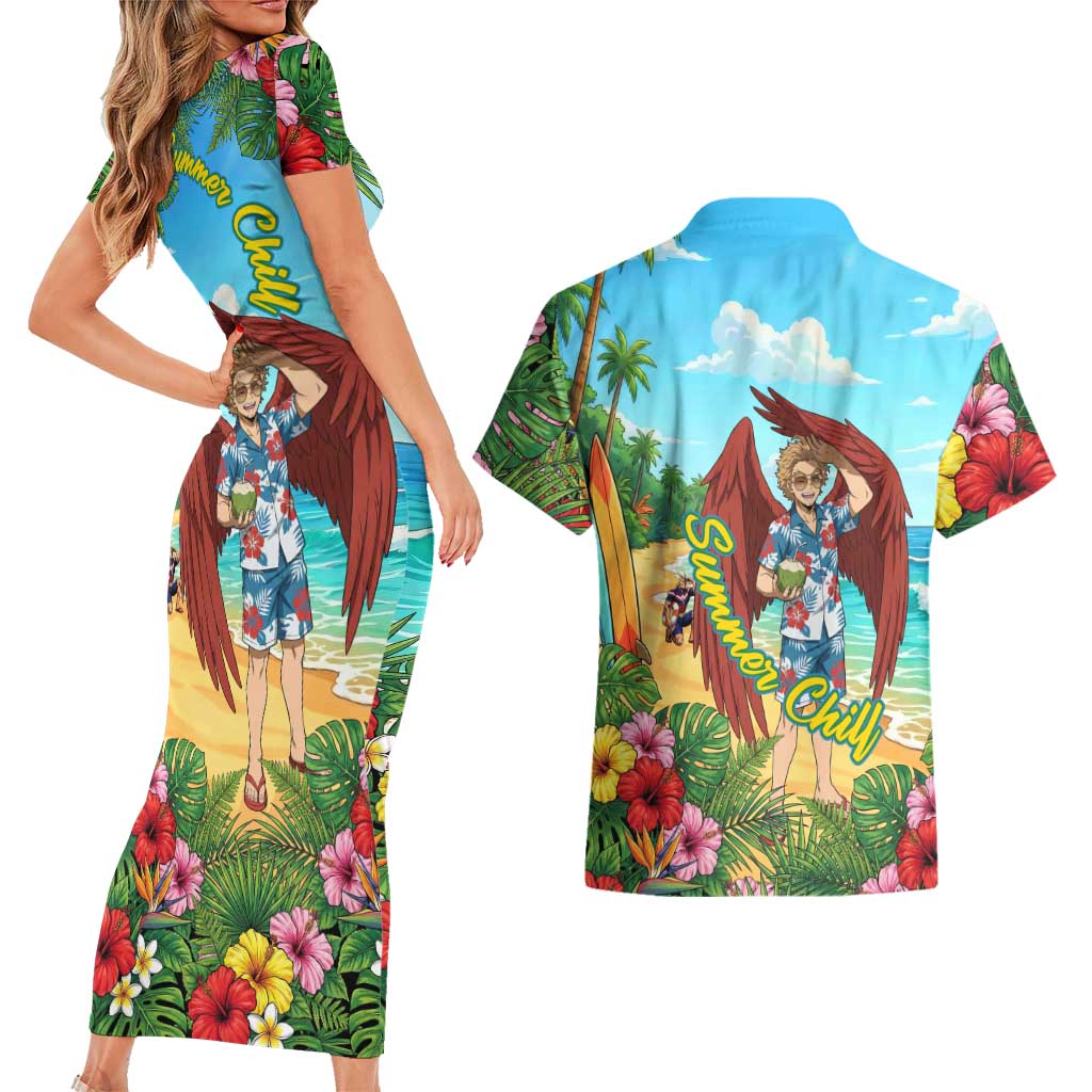 Hawks Summer Chill Couples Matching Short Sleeve Bodycon Dress and Hawaiian Shirt Tropical Anime Beach Vibes