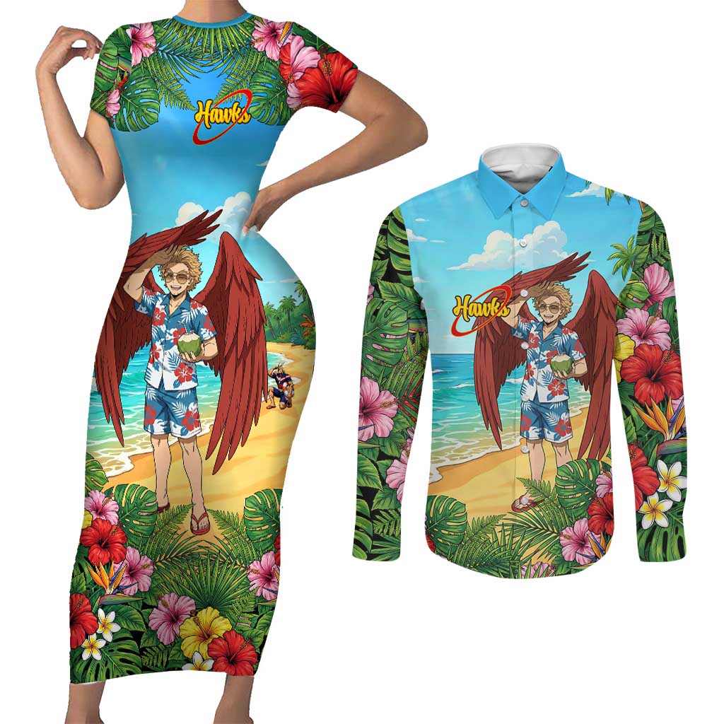 Hawks Summer Chill Couples Matching Short Sleeve Bodycon Dress and Long Sleeve Button Shirt Tropical Anime Beach Vibes