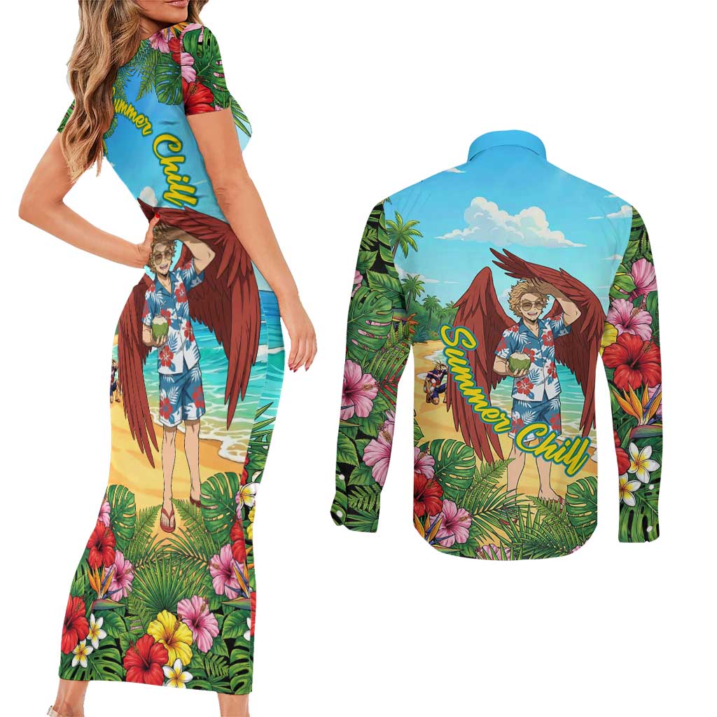 Hawks Summer Chill Couples Matching Short Sleeve Bodycon Dress and Long Sleeve Button Shirt Tropical Anime Beach Vibes