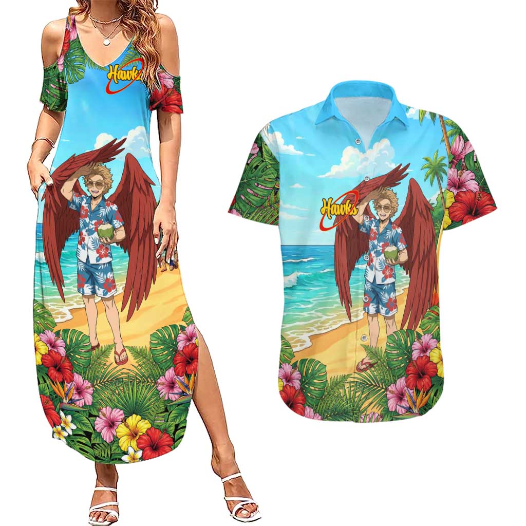 Hawks Summer Chill Couples Matching Summer Maxi Dress and Hawaiian Shirt Tropical Anime Beach Vibes