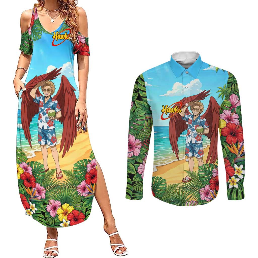 Hawks Summer Chill Couples Matching Summer Maxi Dress and Long Sleeve Button Shirt Tropical Anime Beach Vibes