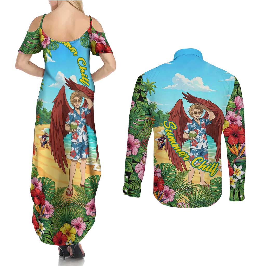 Hawks Summer Chill Couples Matching Summer Maxi Dress and Long Sleeve Button Shirt Tropical Anime Beach Vibes