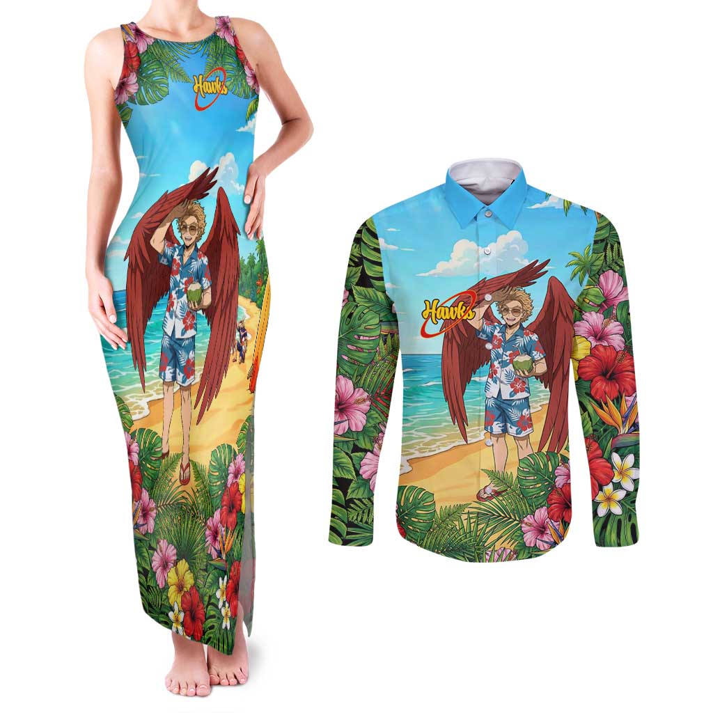 Hawks Summer Chill Couples Matching Tank Maxi Dress and Long Sleeve Button Shirt Tropical Anime Beach Vibes