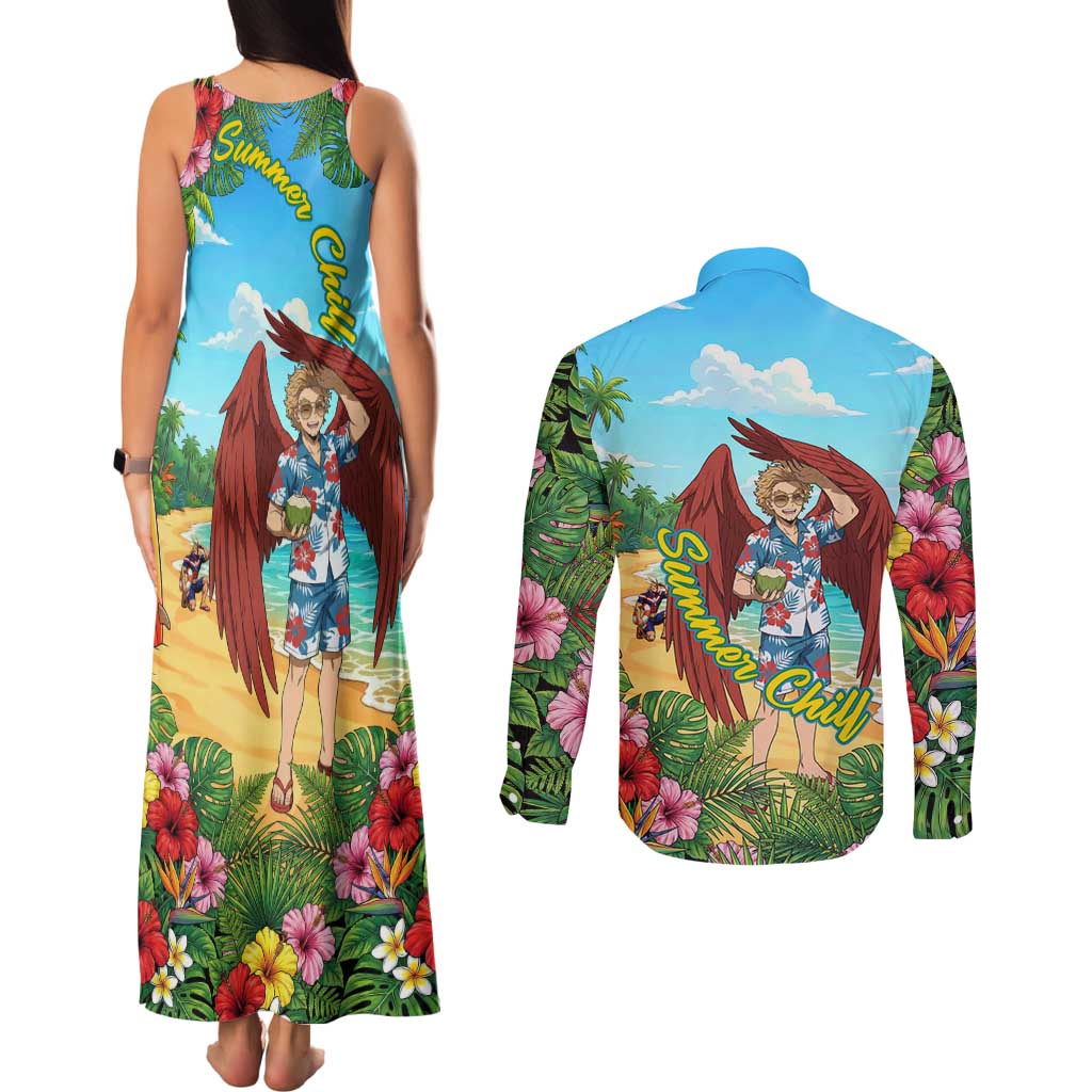 Hawks Summer Chill Couples Matching Tank Maxi Dress and Long Sleeve Button Shirt Tropical Anime Beach Vibes