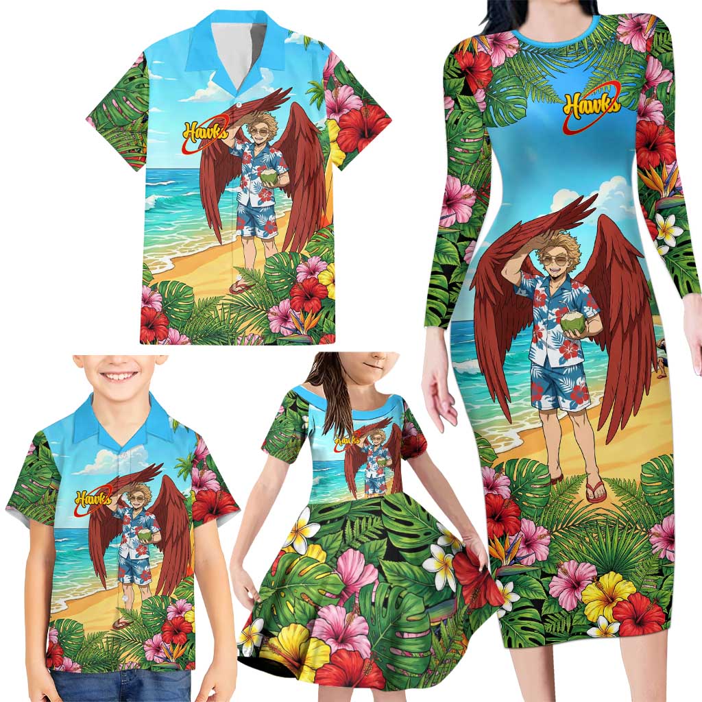 Hawks Summer Chill Family Matching Long Sleeve Bodycon Dress and Hawaiian Shirt Tropical Anime Beach Vibes