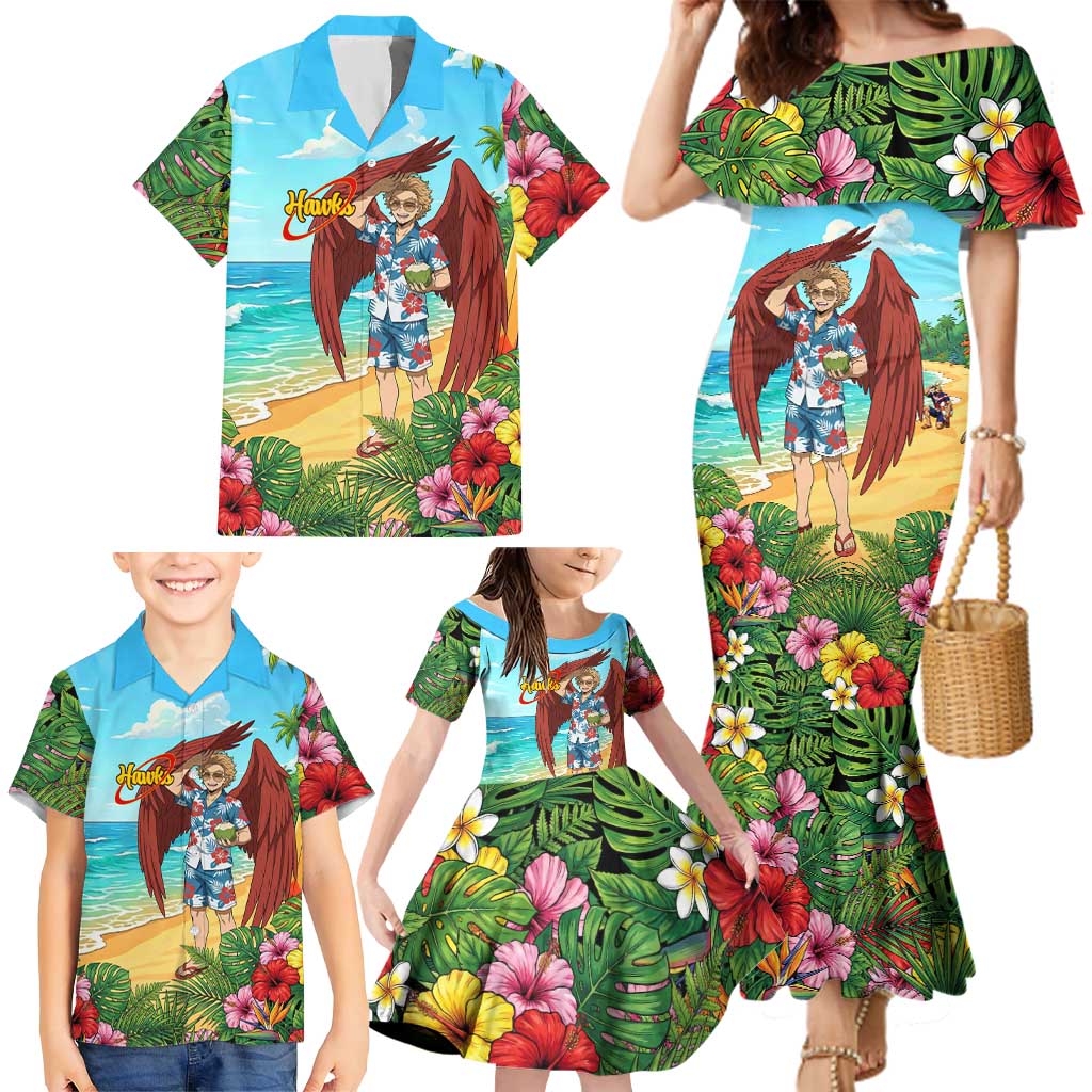 Hawks Summer Chill Family Matching Mermaid Dress and Hawaiian Shirt Tropical Anime Beach Vibes