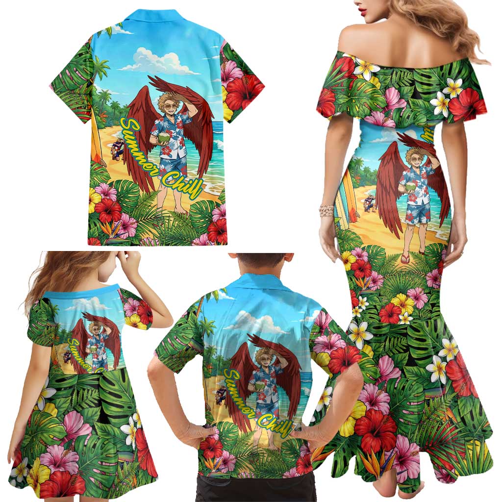 Hawks Summer Chill Family Matching Mermaid Dress and Hawaiian Shirt Tropical Anime Beach Vibes