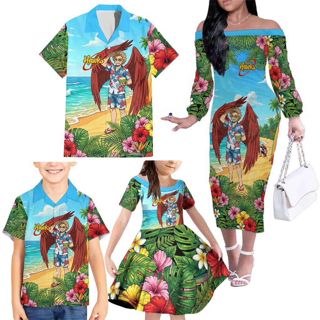 Hawks Summer Chill Family Matching Off The Shoulder Long Sleeve Dress and Hawaiian Shirt Tropical Anime Beach Vibes