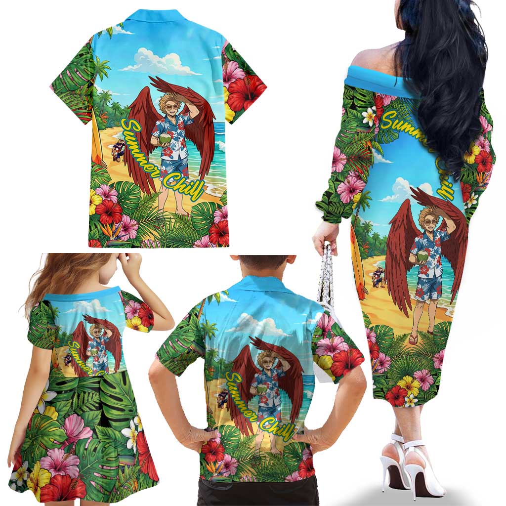 Hawks Summer Chill Family Matching Off The Shoulder Long Sleeve Dress and Hawaiian Shirt Tropical Anime Beach Vibes