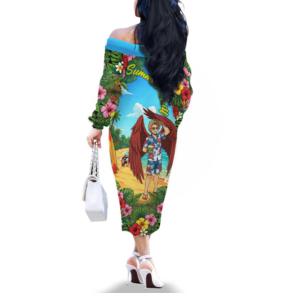 Hawks Summer Chill Family Matching Off The Shoulder Long Sleeve Dress and Hawaiian Shirt Tropical Anime Beach Vibes
