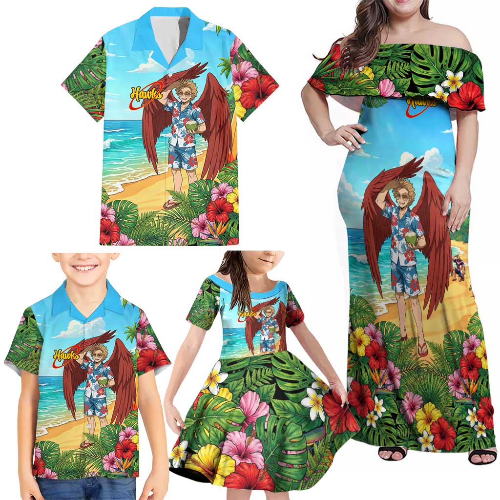 Hawks Summer Chill Family Matching Off Shoulder Maxi Dress and Hawaiian Shirt Tropical Anime Beach Vibes