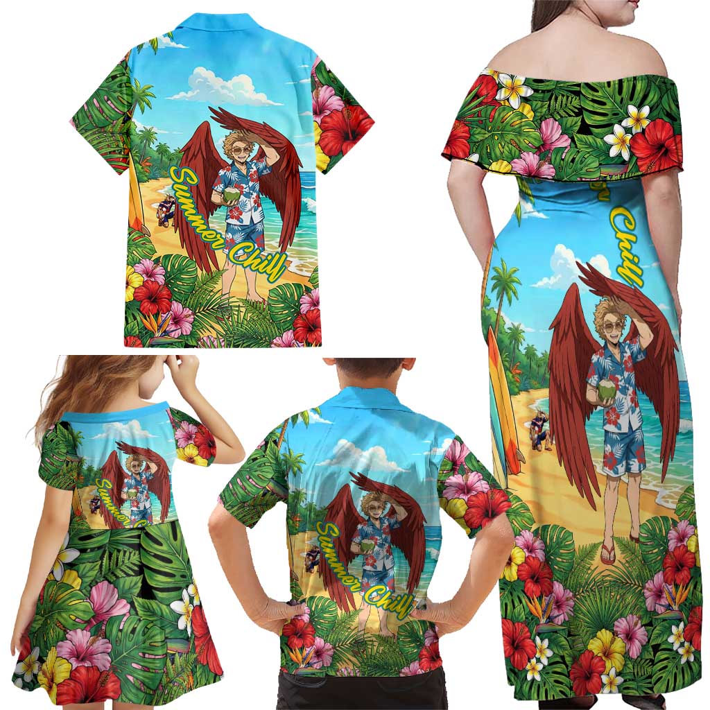 Hawks Summer Chill Family Matching Off Shoulder Maxi Dress and Hawaiian Shirt Tropical Anime Beach Vibes