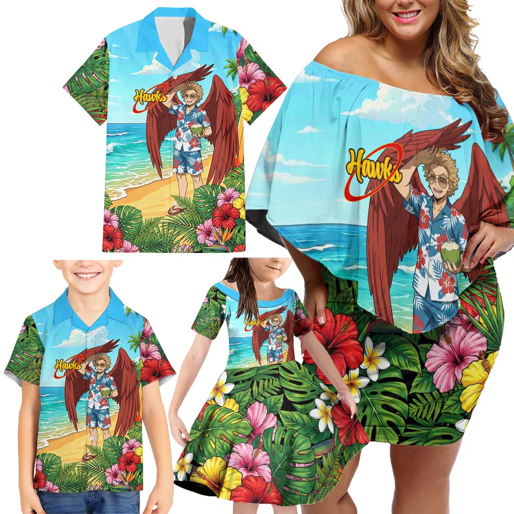 Hawks Summer Chill Family Matching Off Shoulder Short Dress and Hawaiian Shirt Tropical Anime Beach Vibes