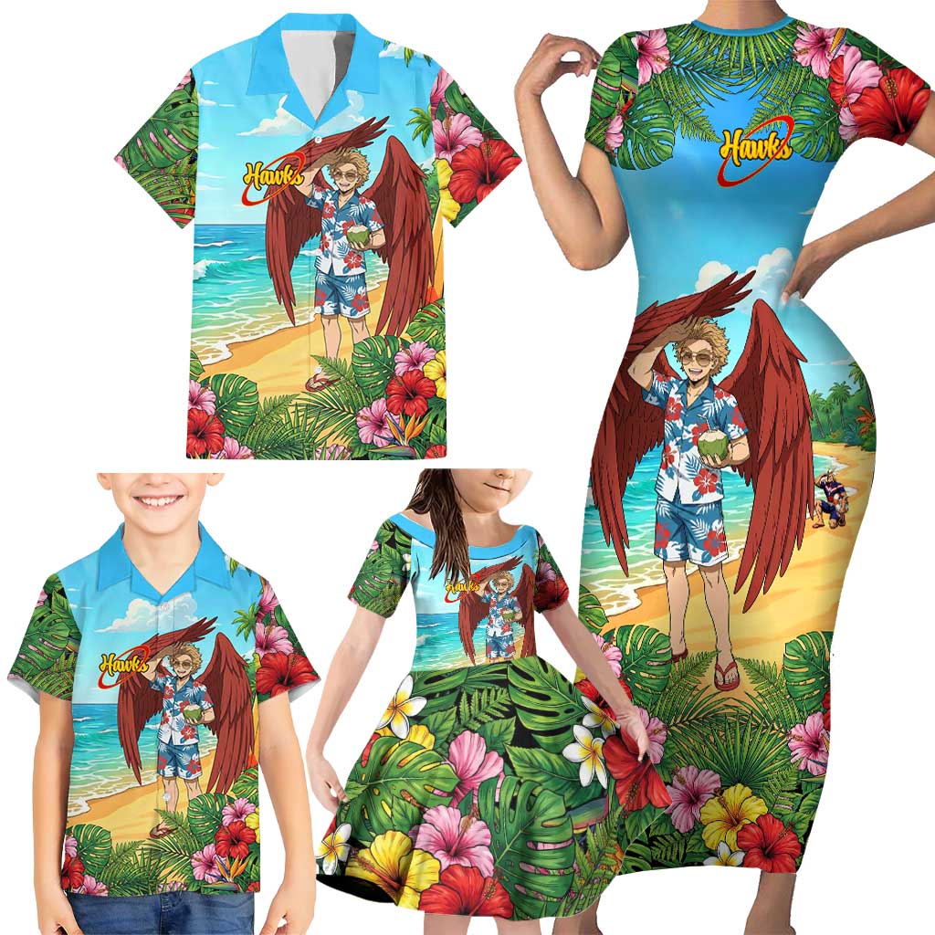 Hawks Summer Chill Family Matching Short Sleeve Bodycon Dress and Hawaiian Shirt Tropical Anime Beach Vibes