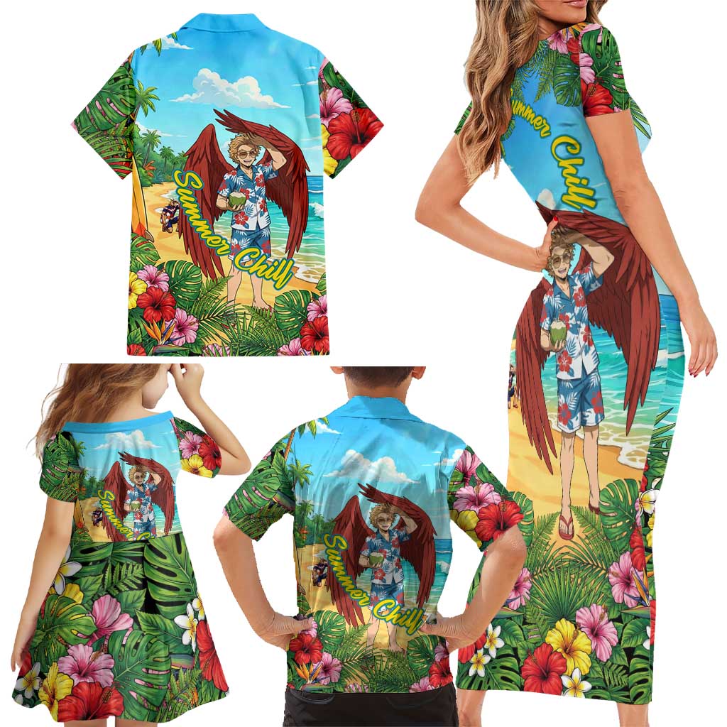 Hawks Summer Chill Family Matching Short Sleeve Bodycon Dress and Hawaiian Shirt Tropical Anime Beach Vibes